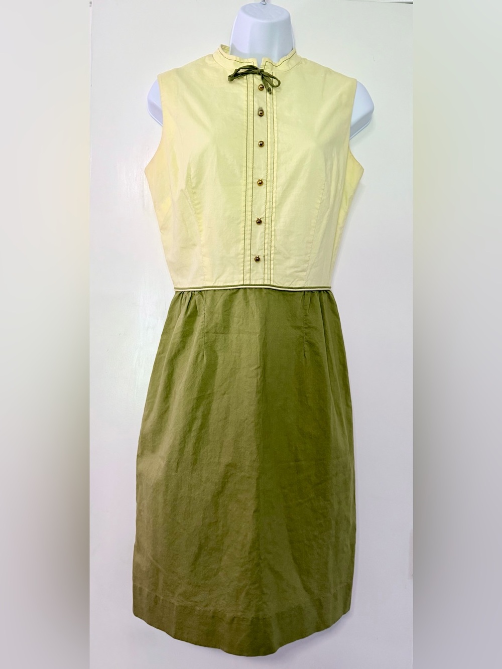 Vintage Bobbie Brooks USA Butter Yellow Olive Green Mod Shift Dress Cotton S/M